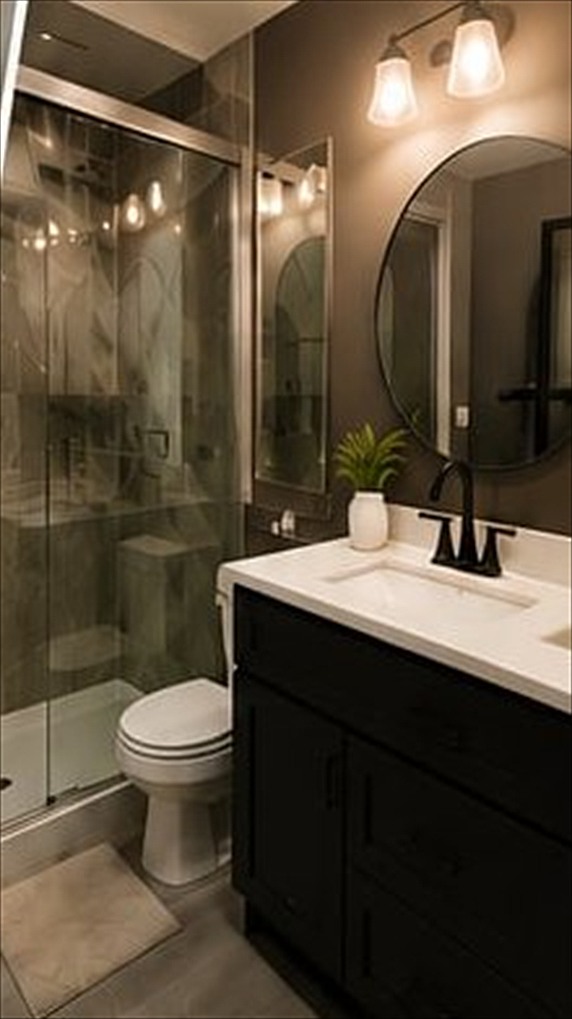 A styled bathroom with a tiled walk-in shower and round mirror