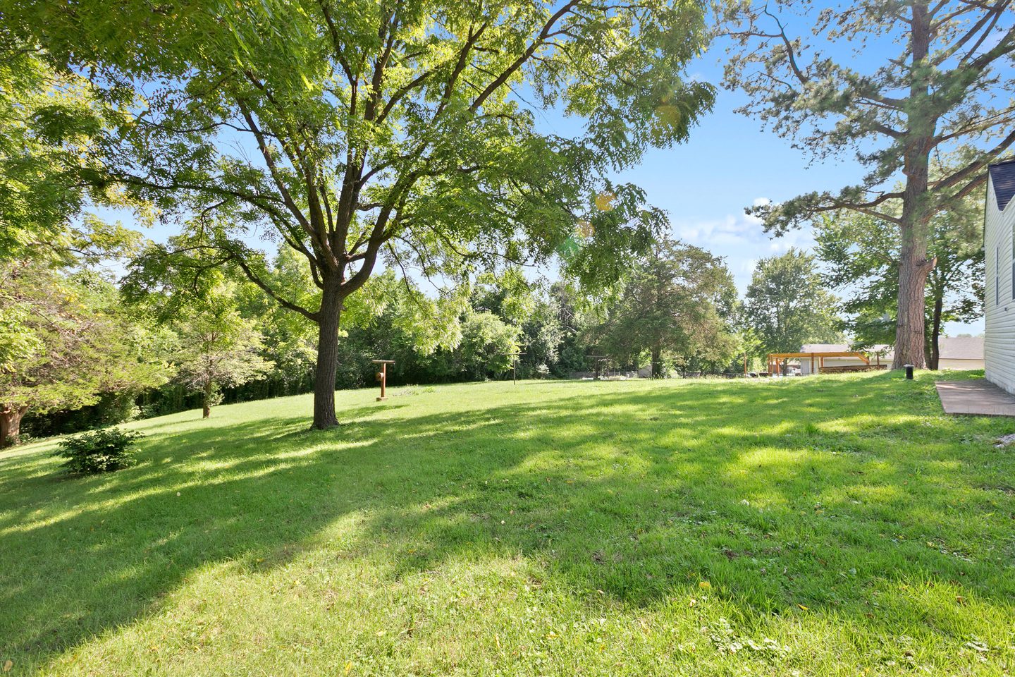 Large flat lawn behind the house under mature trees