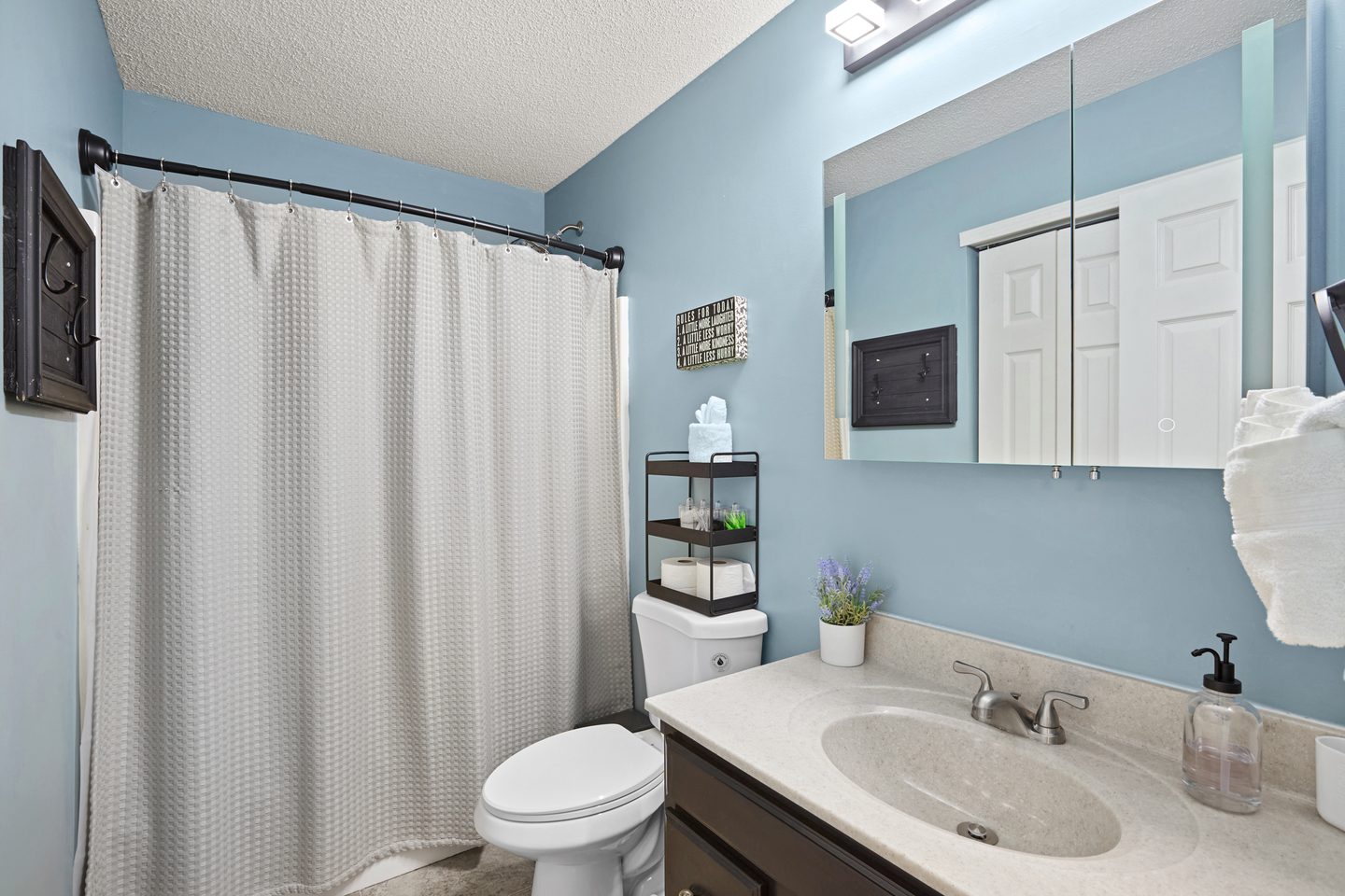 Full bathroom with a tub and shower curtain, a wall mirror cabinet and a dark vanity
